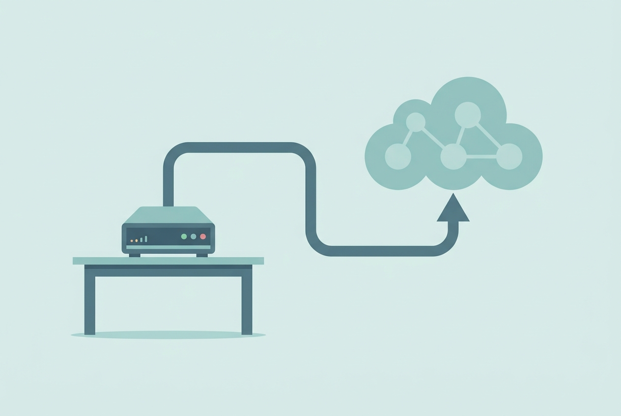 Isometric illustration comparing a self-hosted VPS server on a desk to a cloud service with a cost meter, representing n8n self-hosting vs n8n Cloud pricing