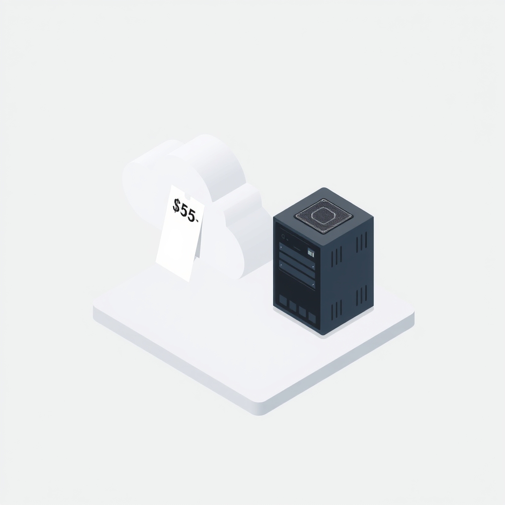 Isometric illustration comparing a self-hosted VPS server on a desk to a cloud service with a cost meter, representing n8n self-hosting vs n8n Cloud pricing