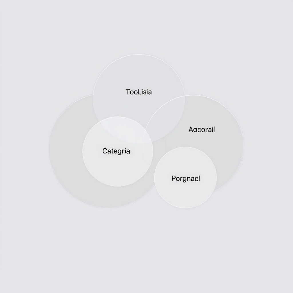Flat diagram showing overlapping tool categories for solopreneur AI automation, with redundant tools grayed out and a consolidated lean stack highlighted