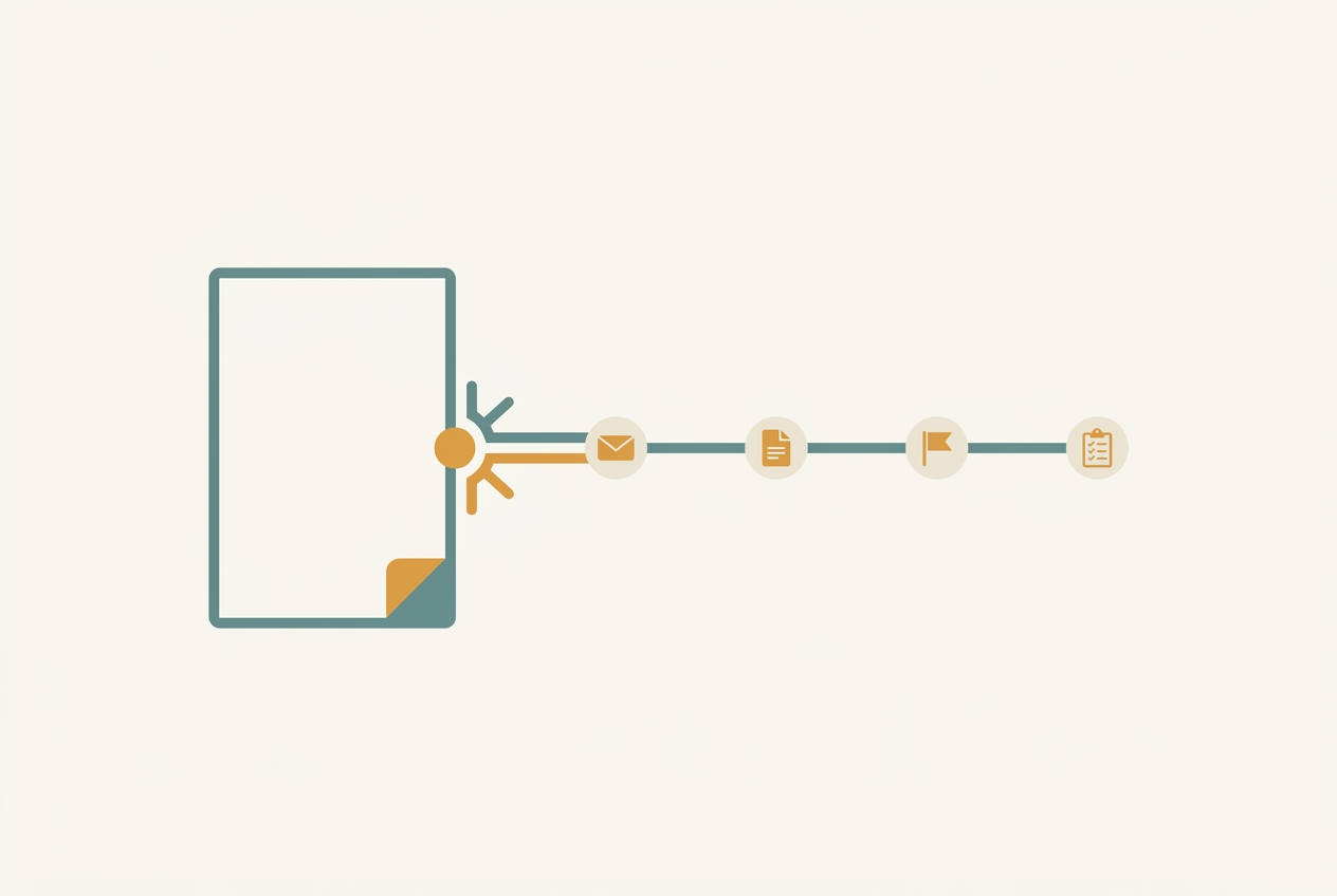 Flat illustration of one intake form triggering a chained automated onboarding sequence for a solo consultant.