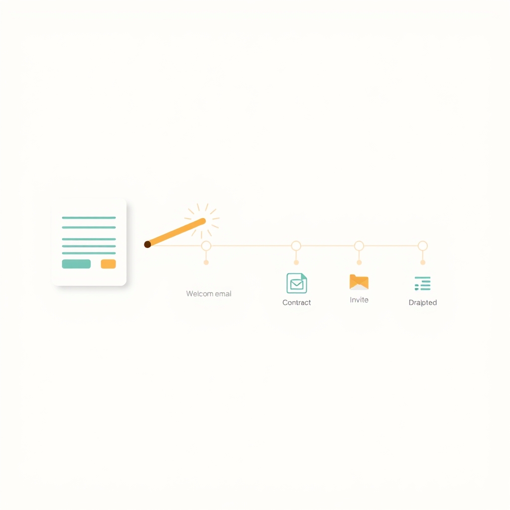Flat diagram showing one intake form triggering a chained automated onboarding sequence for a solo consultant