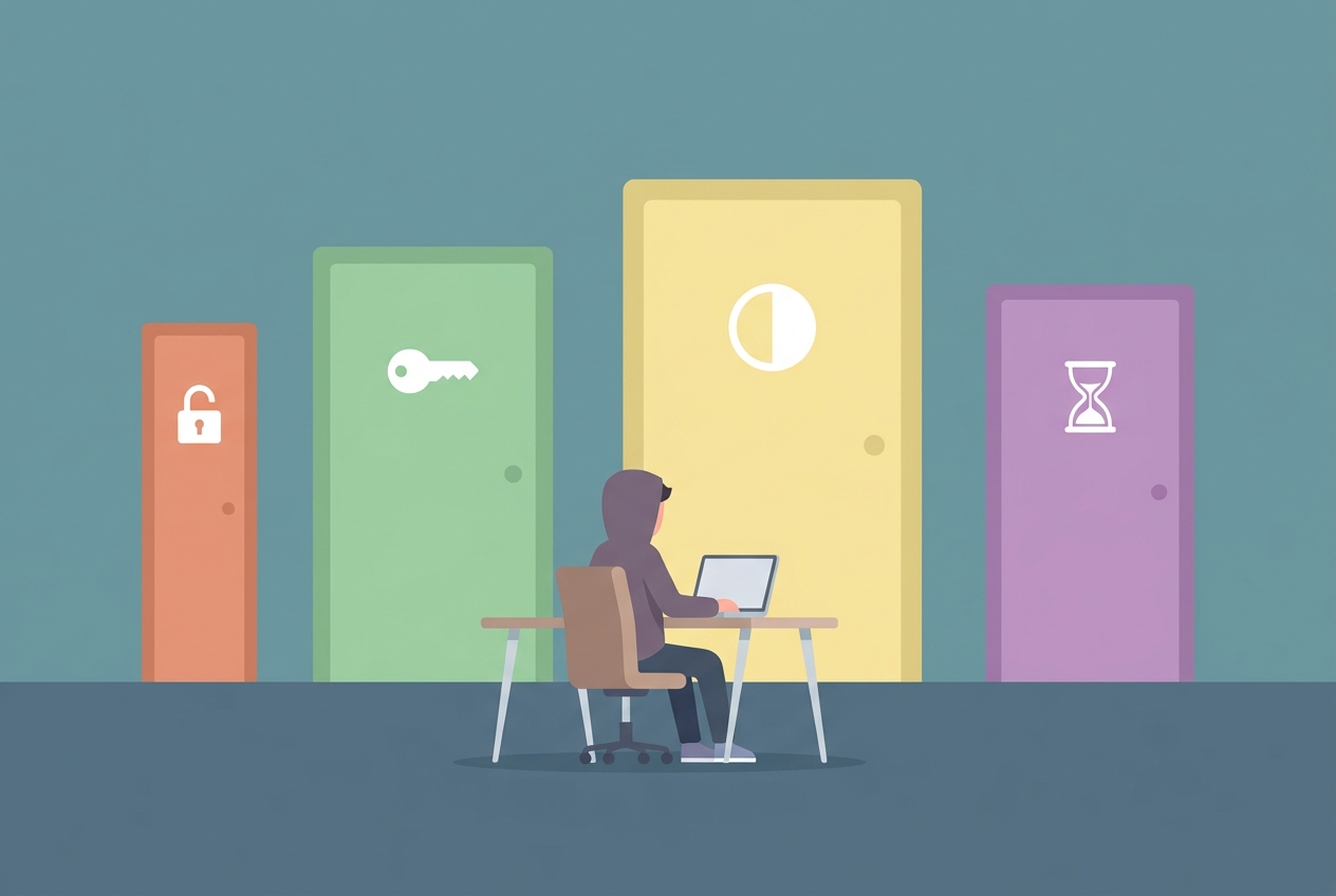 A solo developer choosing between four types of free AI IDE options represented as colored doors in a flat illustration