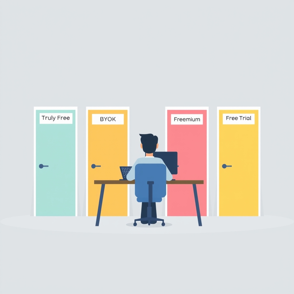 A solo developer choosing between four types of free AI IDE options represented as colored doors in a flat illustration