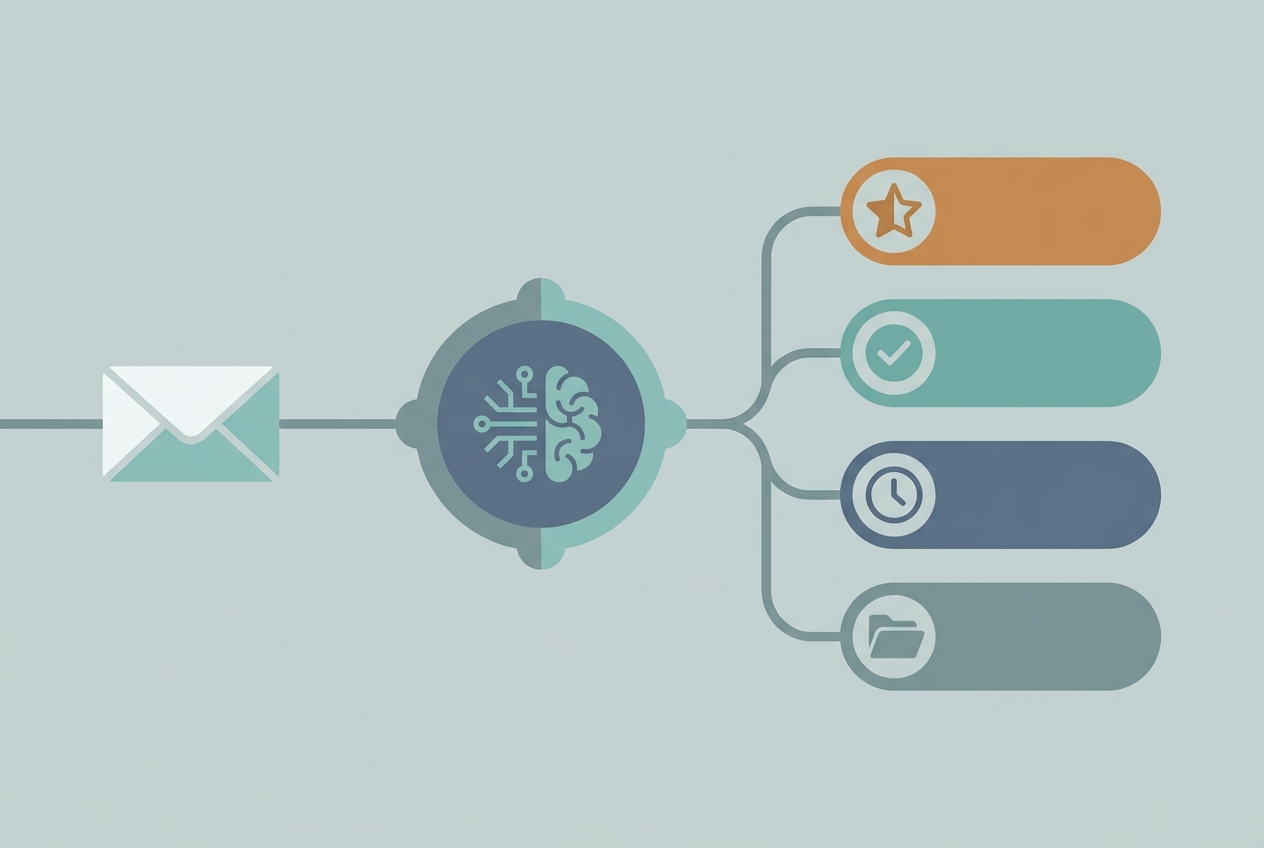 Stylized email sorting illustration with an AI icon and four unlabeled priority lanes