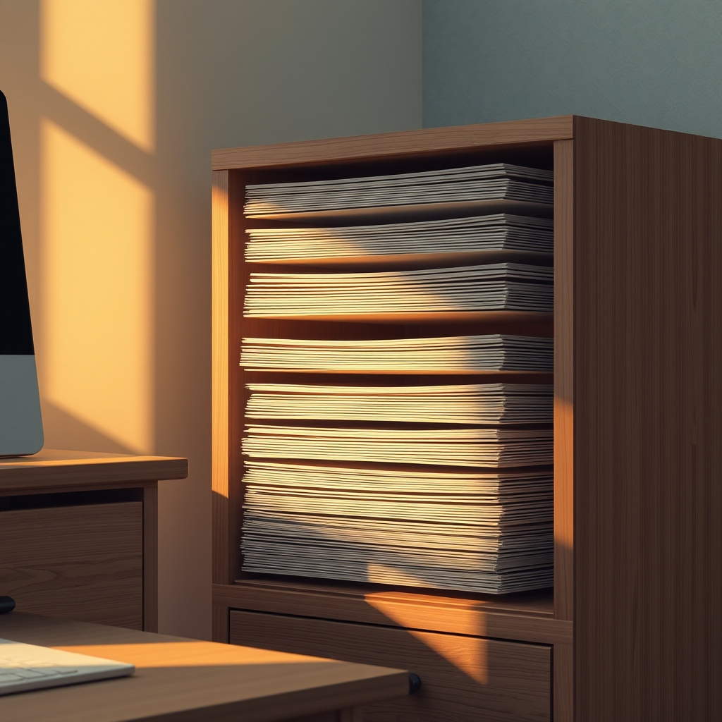 A wooden filing cabinet bathed in warm desk light representing organized private document storage for local AI workflows