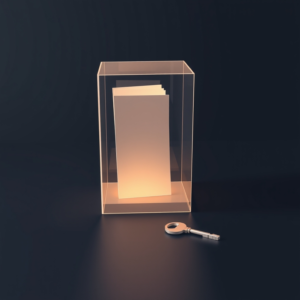 Translucent sealed glass documents with a key beside them, representing private and secure local document processing with AI tools