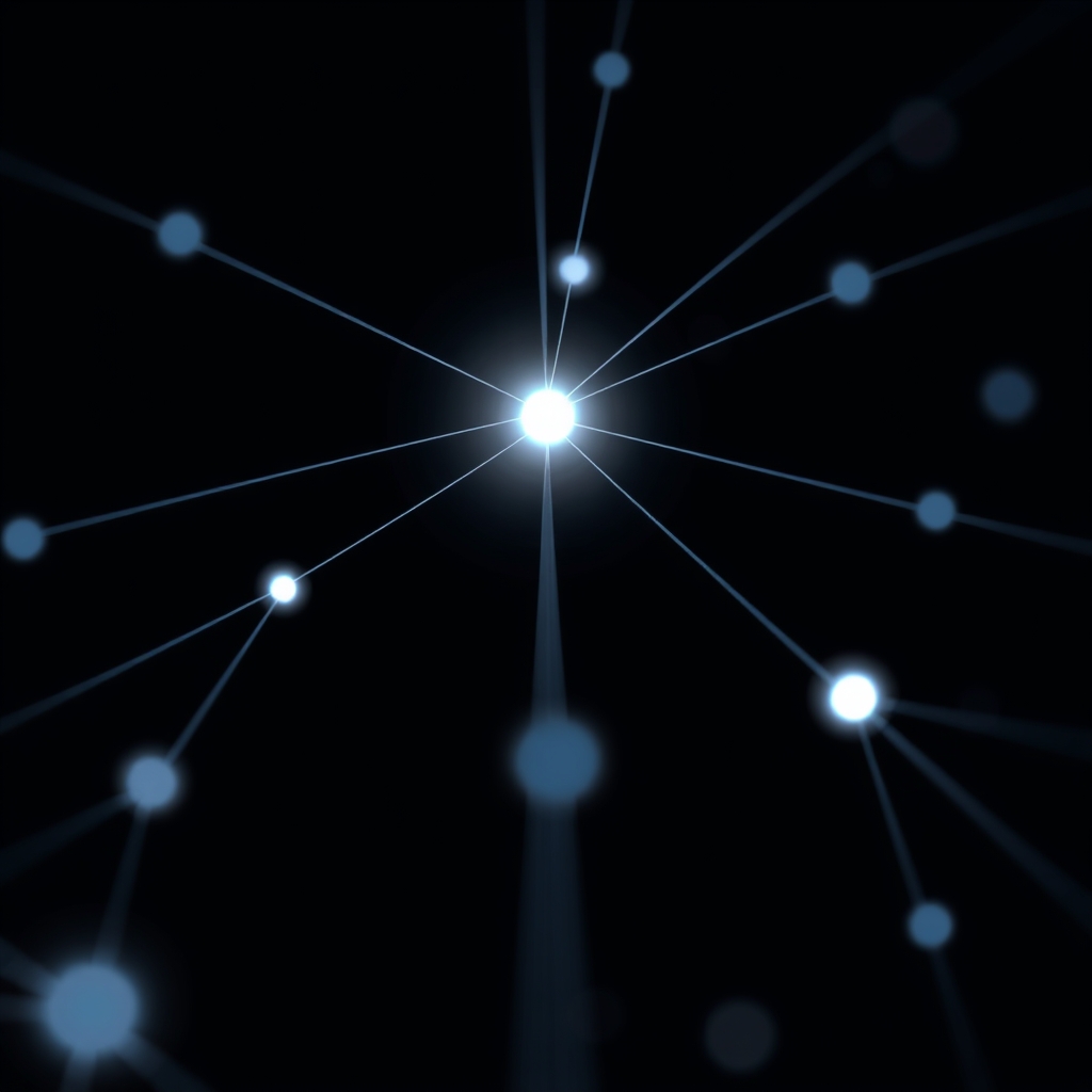 Abstract glowing network threads converging toward a central point, representing automated content workflows feeding into a single review queue
