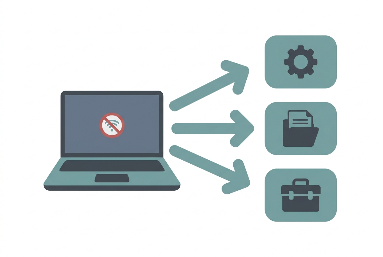 Flat illustration of three local LLM tools running offline on a laptop with no cloud connection, for solopreneurs.