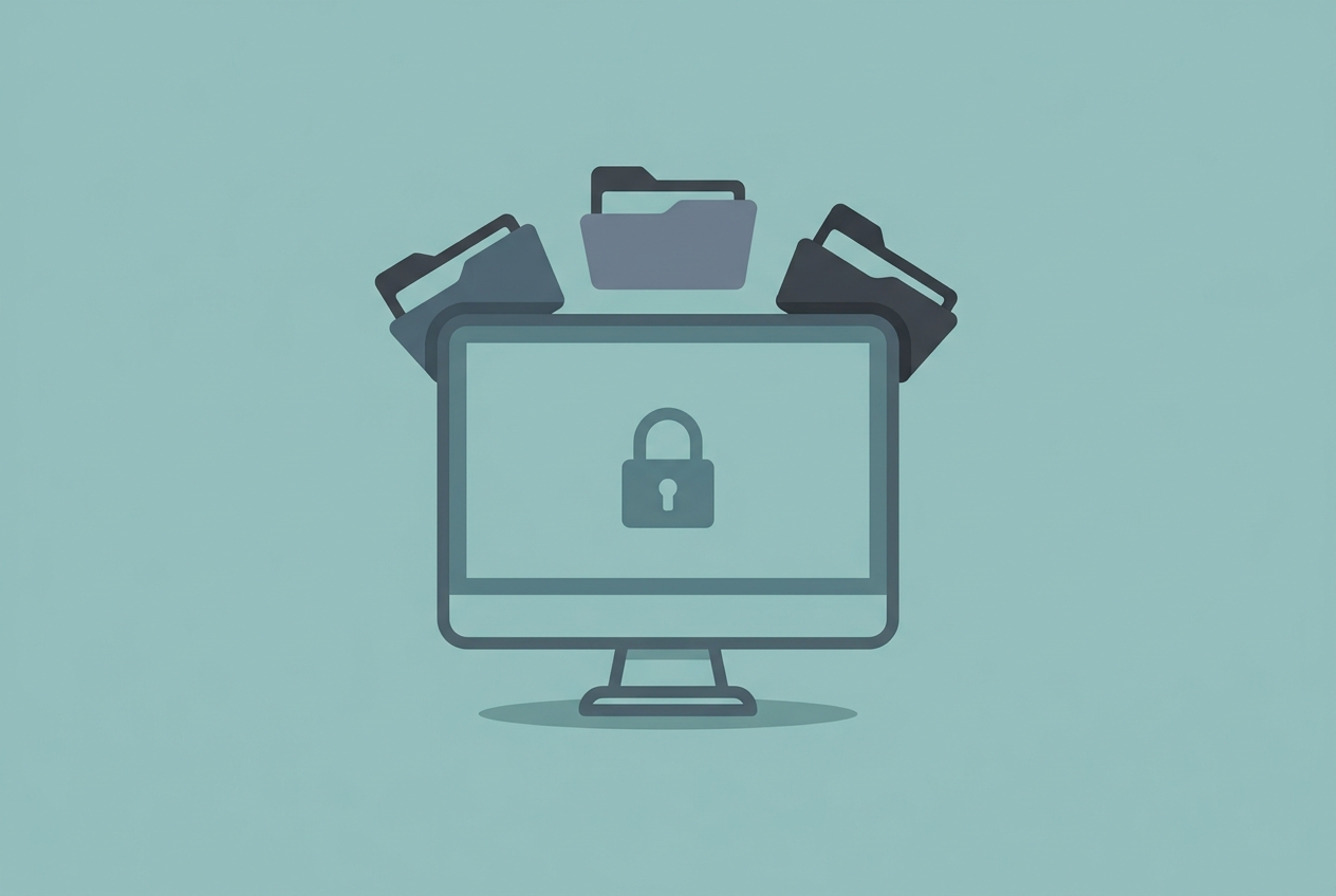 Flat illustration of a desktop computer with a padlock symbol and local file folders representing a fully offline private local LLM setup with no data leaving