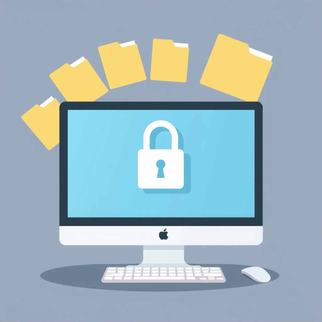 Flat illustration of a desktop computer with a padlock symbol and local file folders representing a fully offline private local LLM setup with no data leaving