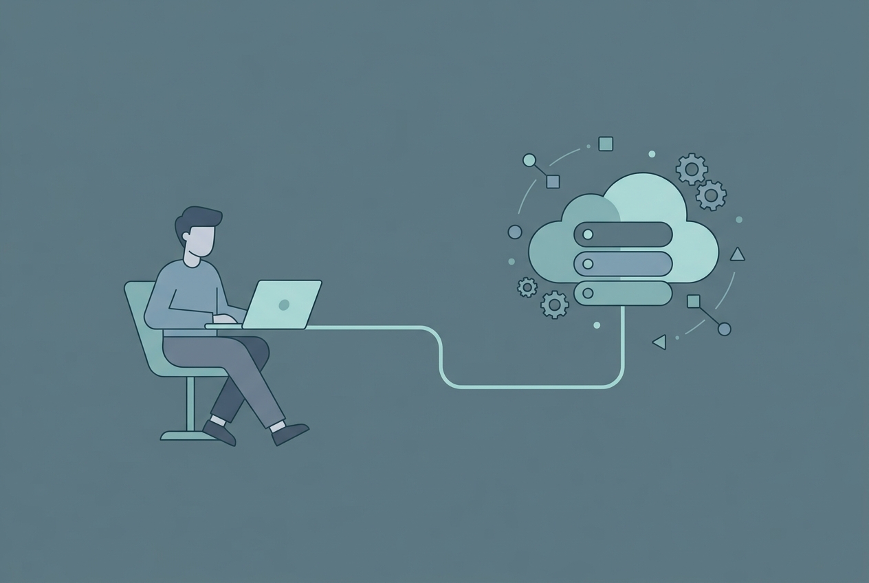 Solopreneur connecting to a self-hosted n8n VPS server for workflow automation, flat illustration with node icons