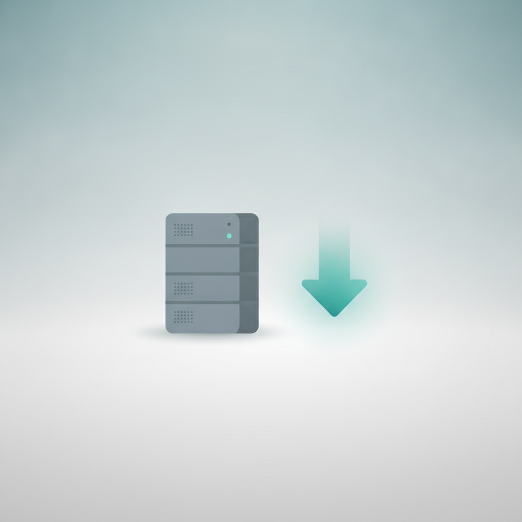 Flat illustration of a small affordable self-hosted cloud server with a downward cost arrow, representing cheaper VPS hosting for n8n