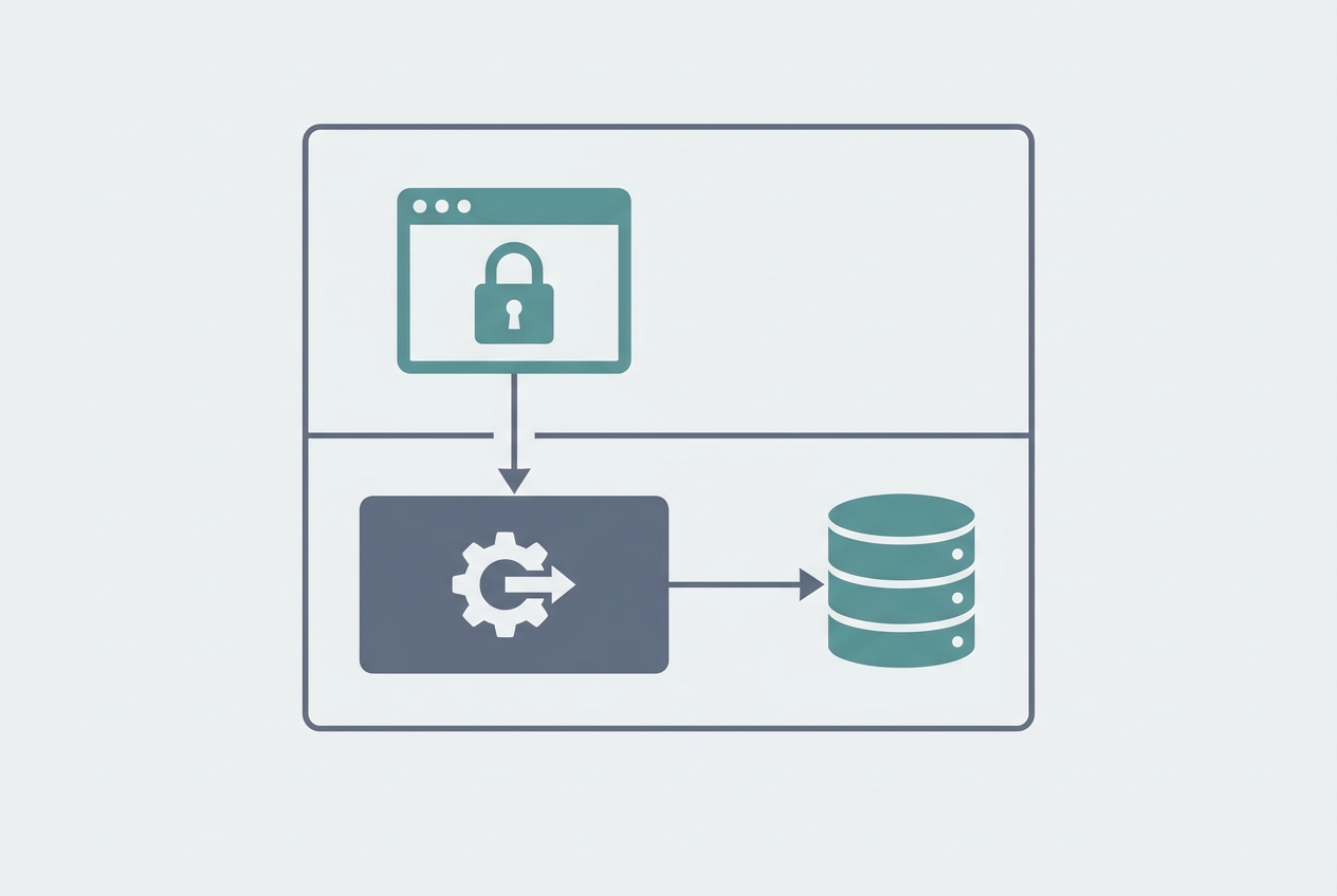 Flat icon-style illustration of a self-hosted n8n stack on a single VPS: a locked browser window feeding a processing block that connects to a database.