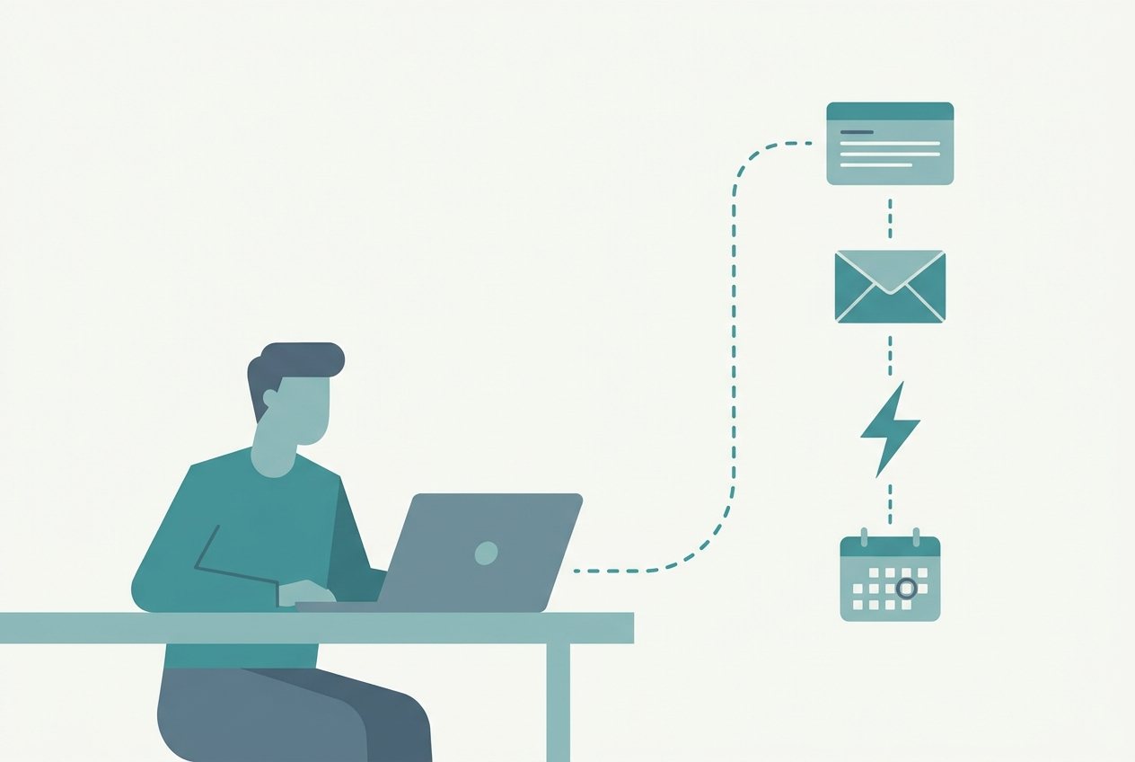 Flat illustration of a solopreneur at a laptop as an automated AI lead follow-up runs from form submission to instant reply and booking.
