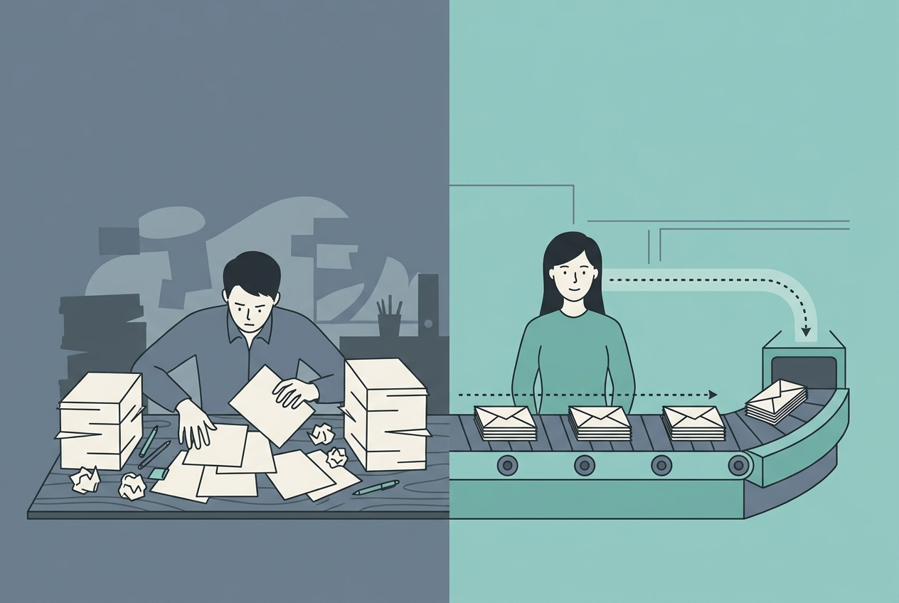 Illustration comparing manual onboarding admin versus an automated client onboarding system for solopreneurs