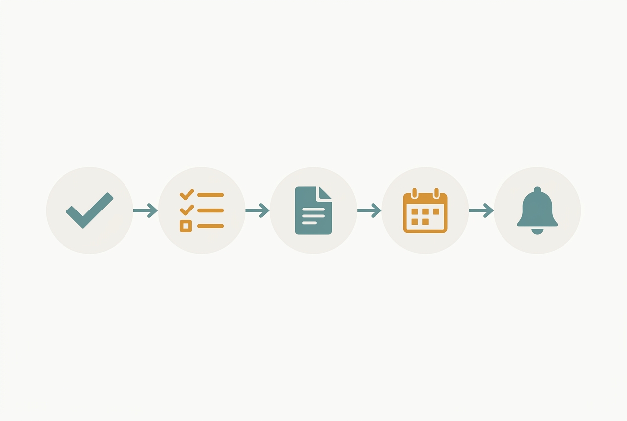 Flat illustration of a six-step automated onboarding sequence from confirmation to a follow-up nudge.
