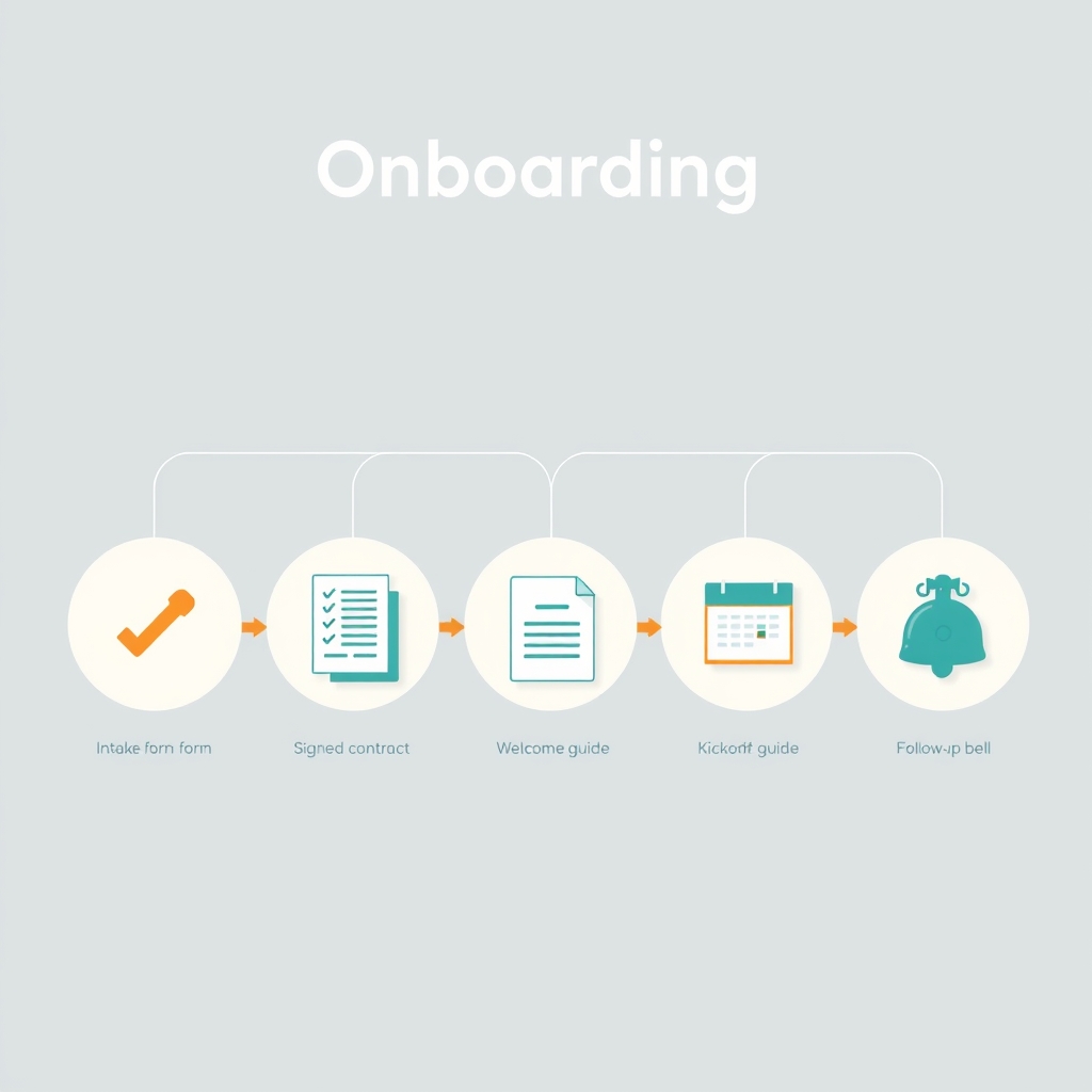 Flat diagram of a six-step automated onboarding sequence from confirmation to follow-up nudge